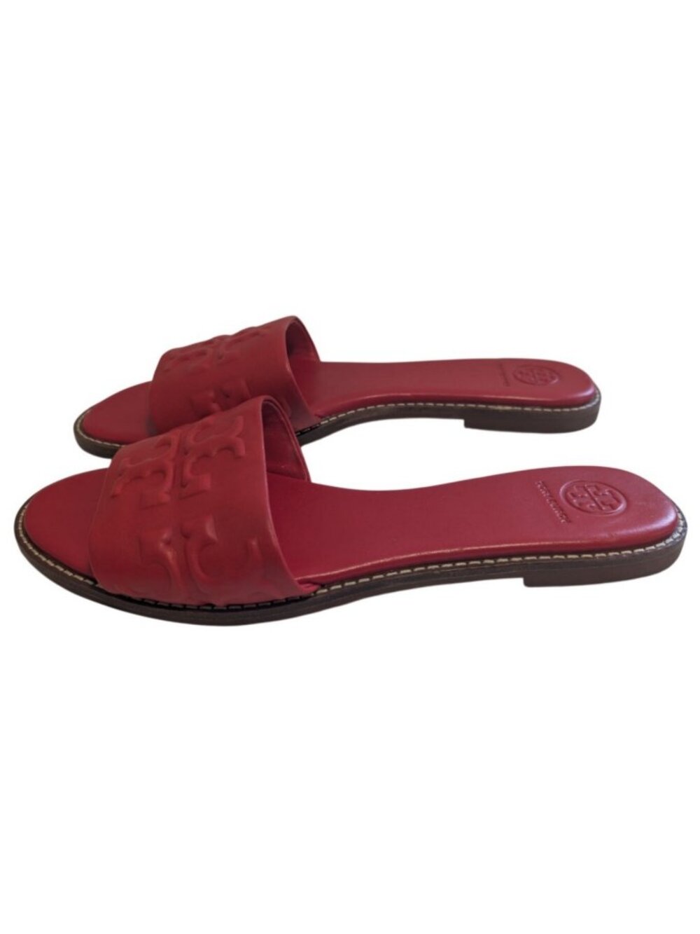 Tory Burch Everly High Frequency Slide Sandal Red Embossed Logo Leather Size 9
